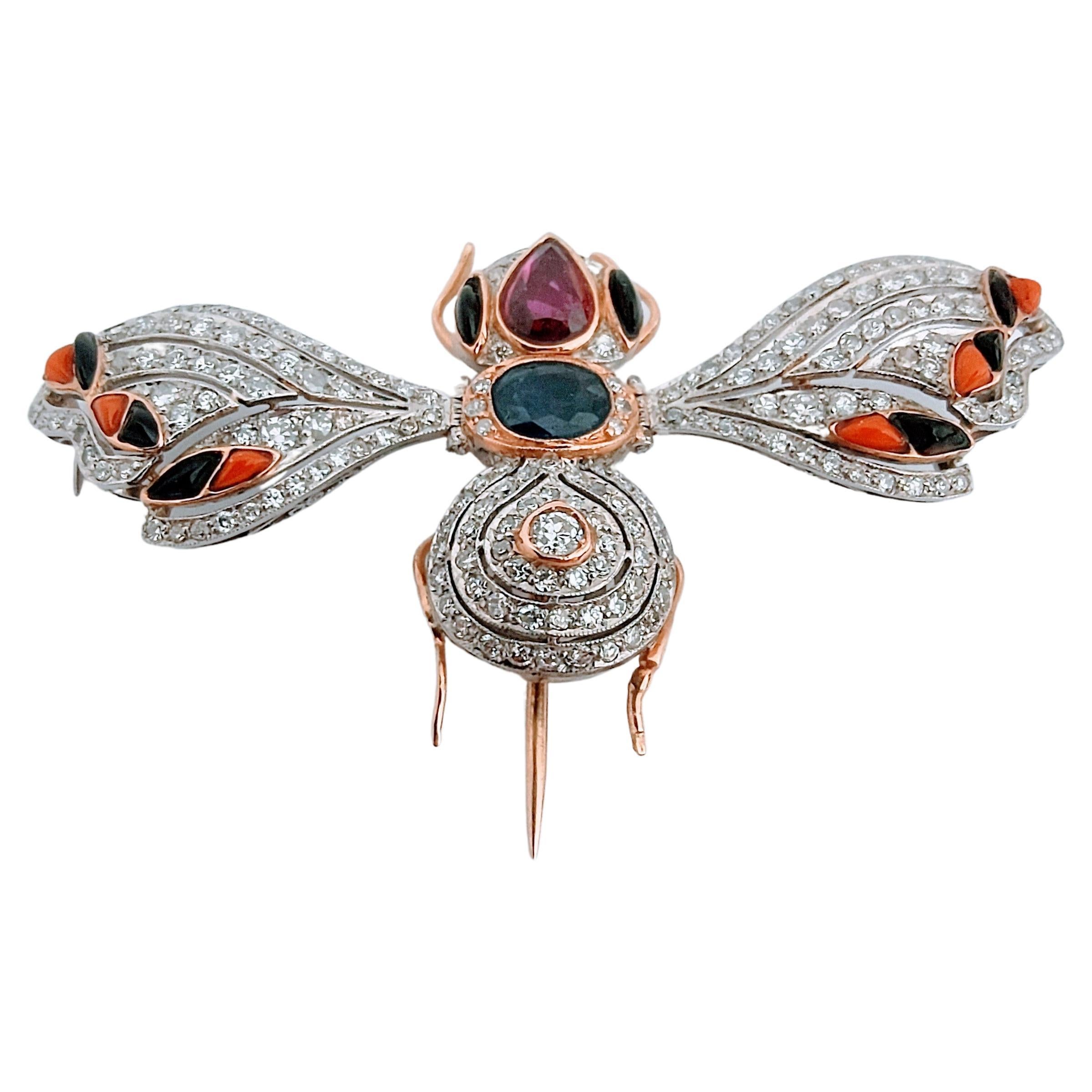 Vintage Retro Insect Brooch 20th Ruby Sapphire and Diamond Platinum and Gold 18K In Excellent Condition For Sale In Valencia, Comunidad Valenciana