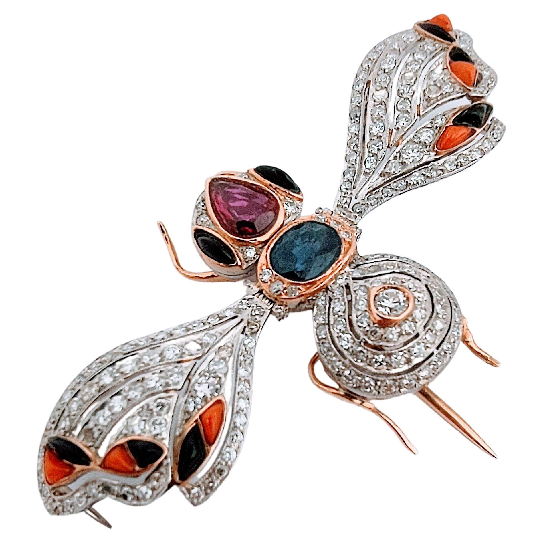 Women's or Men's Vintage Retro Insect Brooch 20th Ruby Sapphire and Diamond Platinum and Gold 18K For Sale