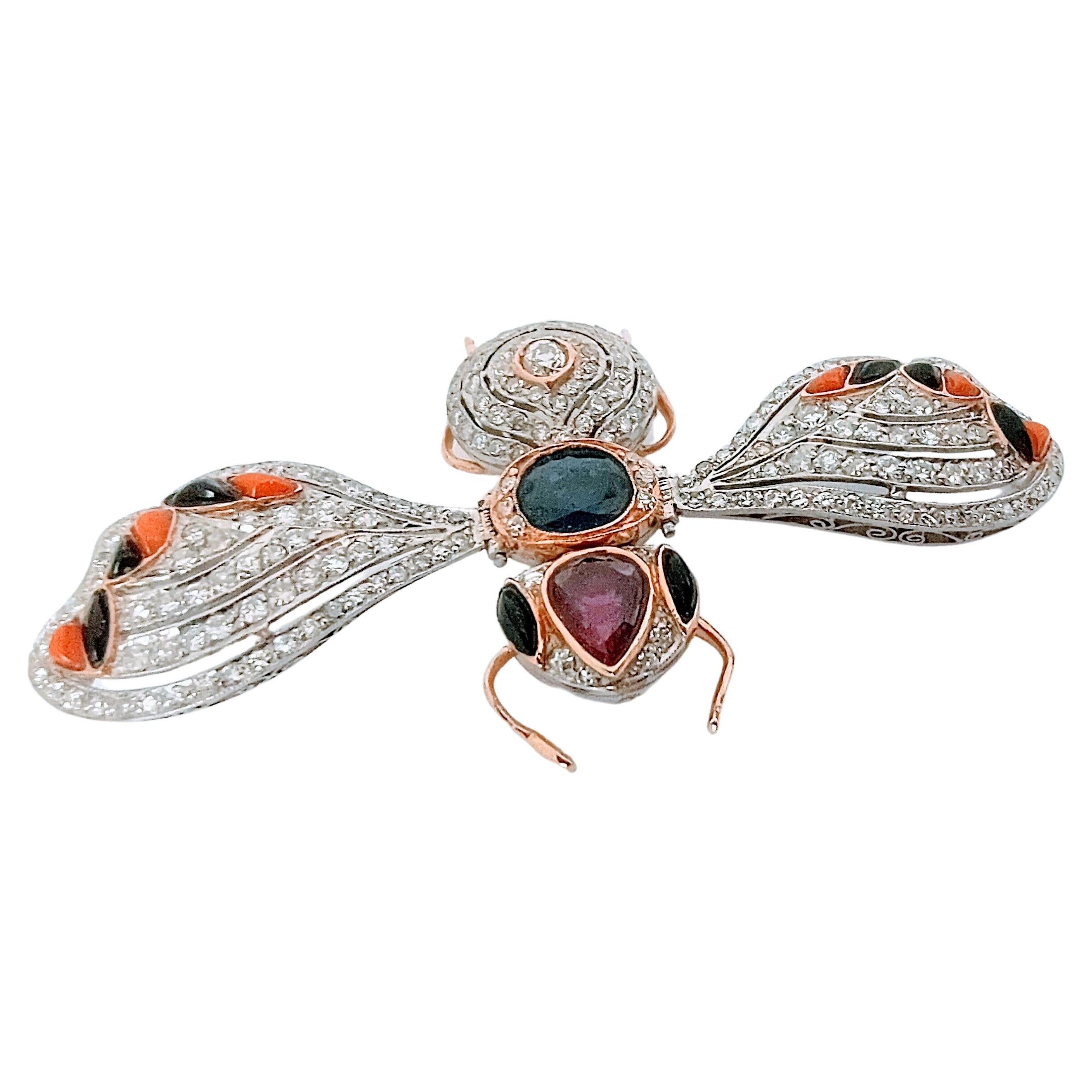 Vintage Retro Insect Brooch 20th Ruby Sapphire and Diamond Platinum and Gold 18K For Sale