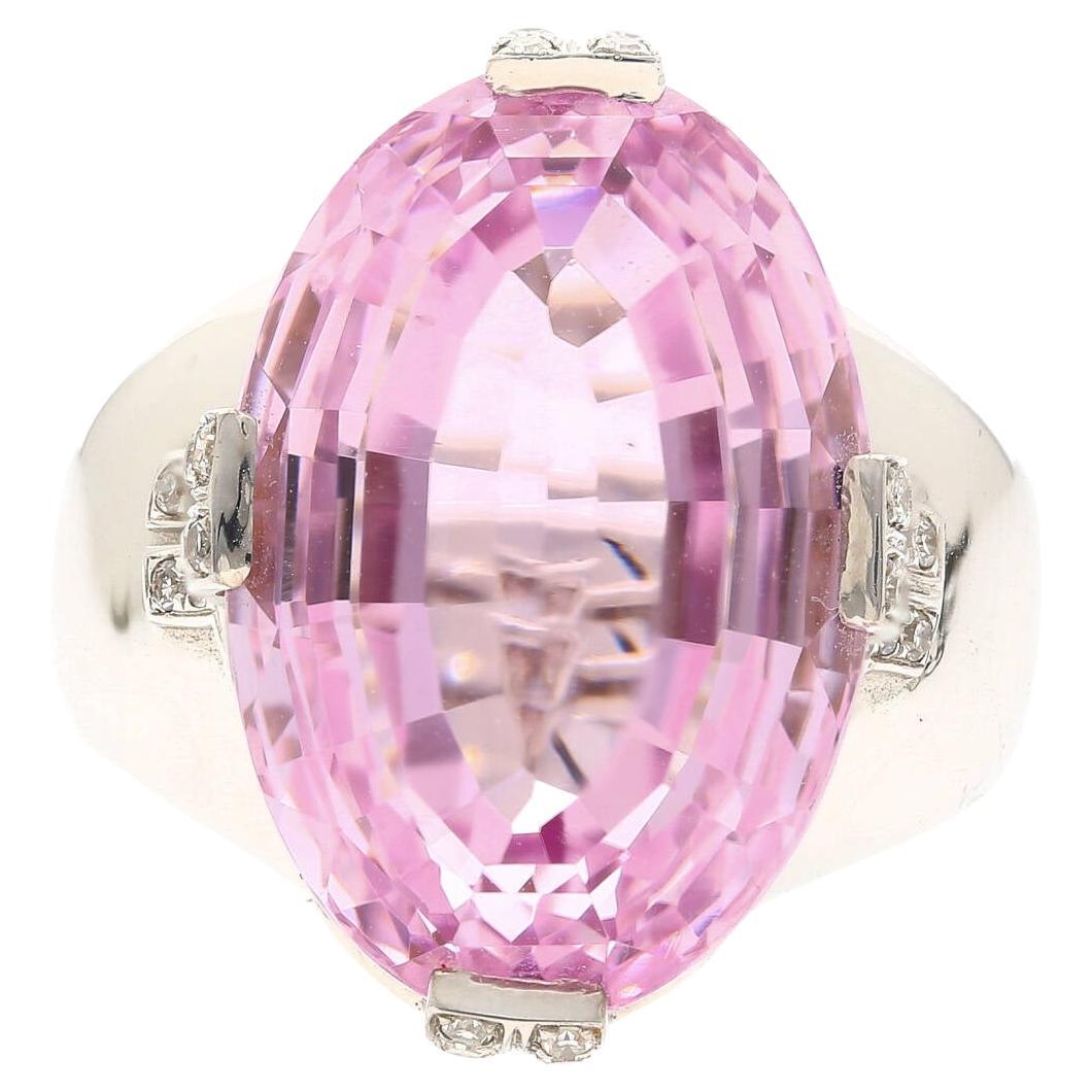 Retro Inspired 20 Carat Kunzite Ring in 18K White Gold with 0.66 CT in Diamonds For Sale