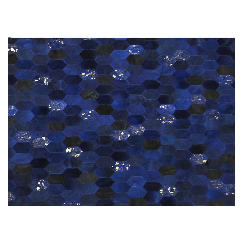 Retro Inspired Customizable Hornet Blue Cowhide Rug Rectangle Large For Sale