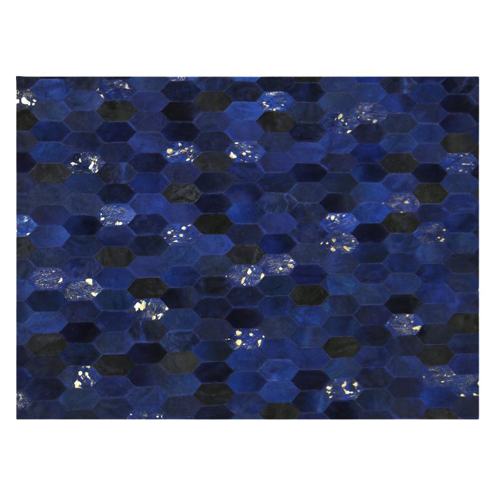 Retro Inspired Customizable Hornet Blue Cowhide Rug Rectangle Small For Sale