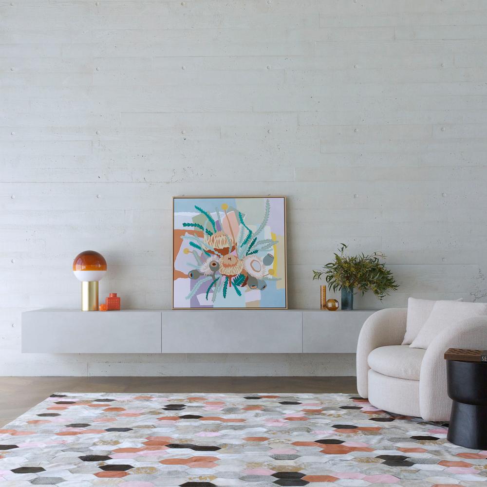 Art Deco Retro Inspired Customizable Hornet Desert Landscape Cowhide Area Floor Rug Small For Sale
