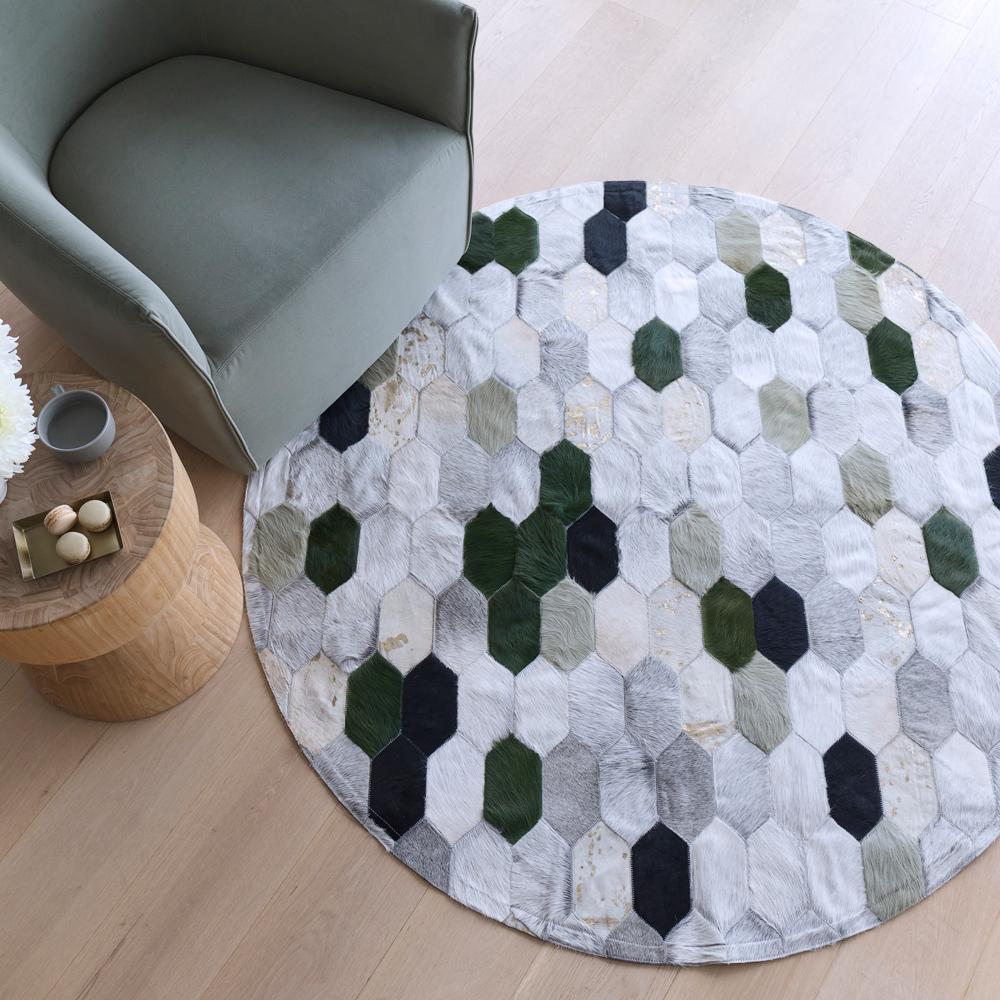 Art Deco Retro Inspired Customizable Hornet Moss Cowhide Rug Round Large For Sale