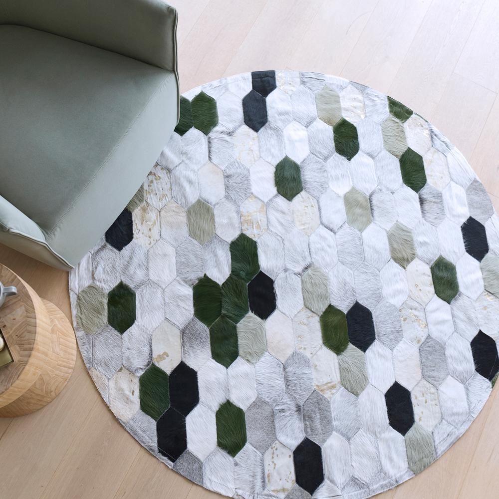 Pakistani Retro Inspired Customizable Hornet Moss Cowhide Rug Round Small For Sale