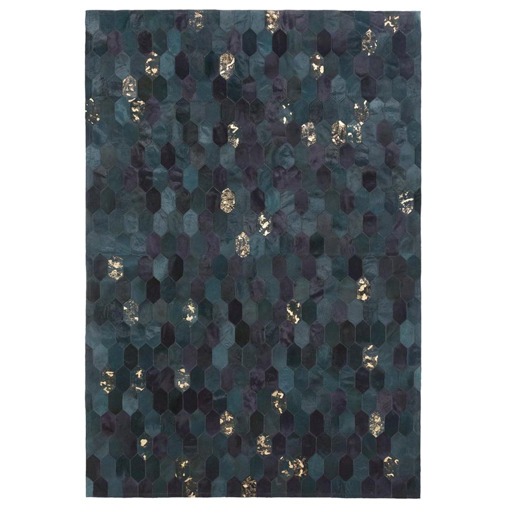 Retro Inspired Customizable Hornet Teal and Gold Cowhide Area Floor Rug XX-Large