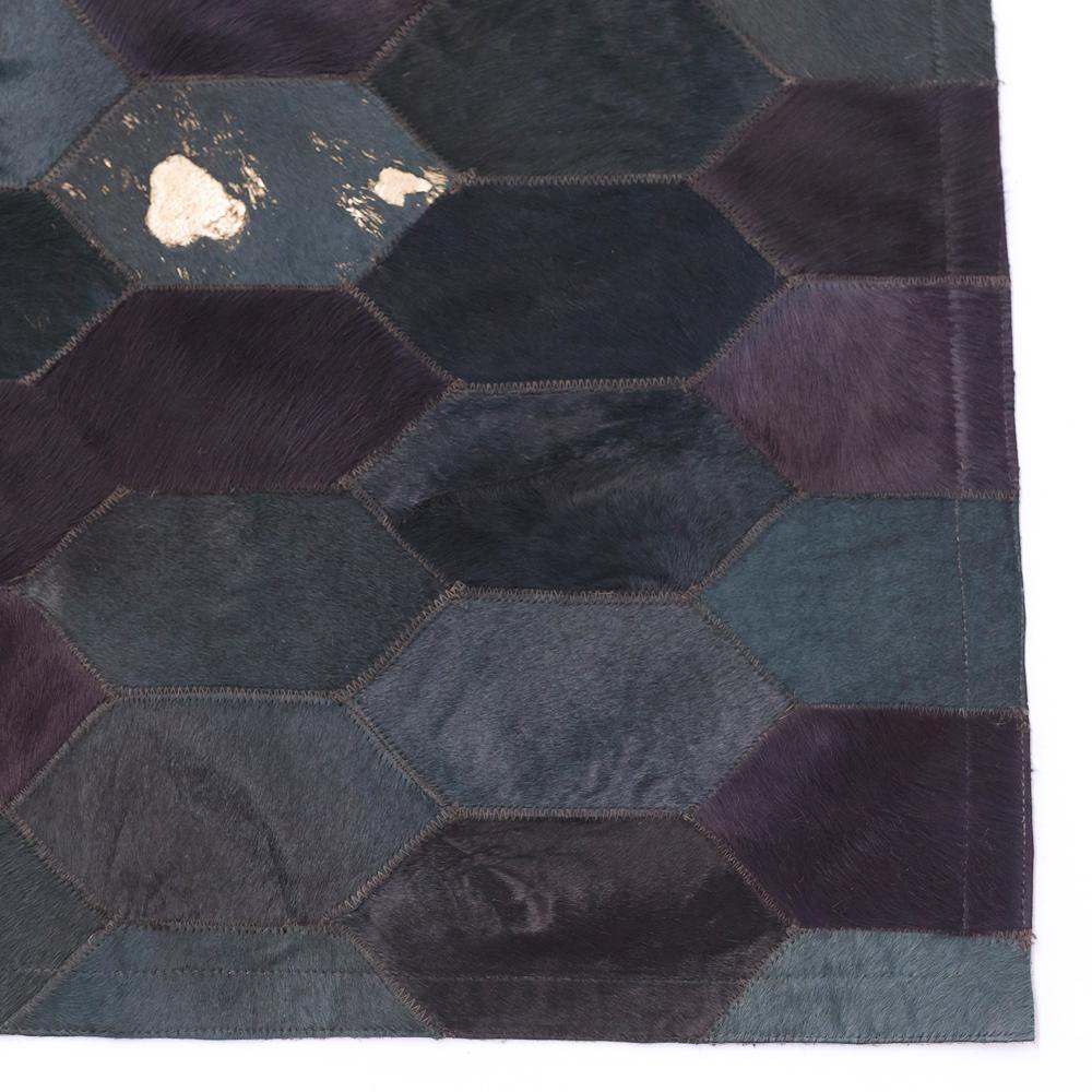 Machine-Made Retro Inspired Hornet Teal and Gold Cowhide Rug For Sale
