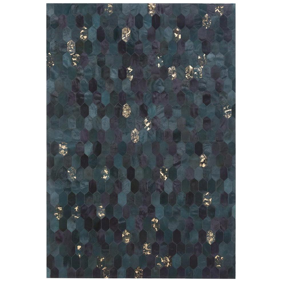 Retro Inspired Hornet Teal and Gold Cowhide Rug For Sale