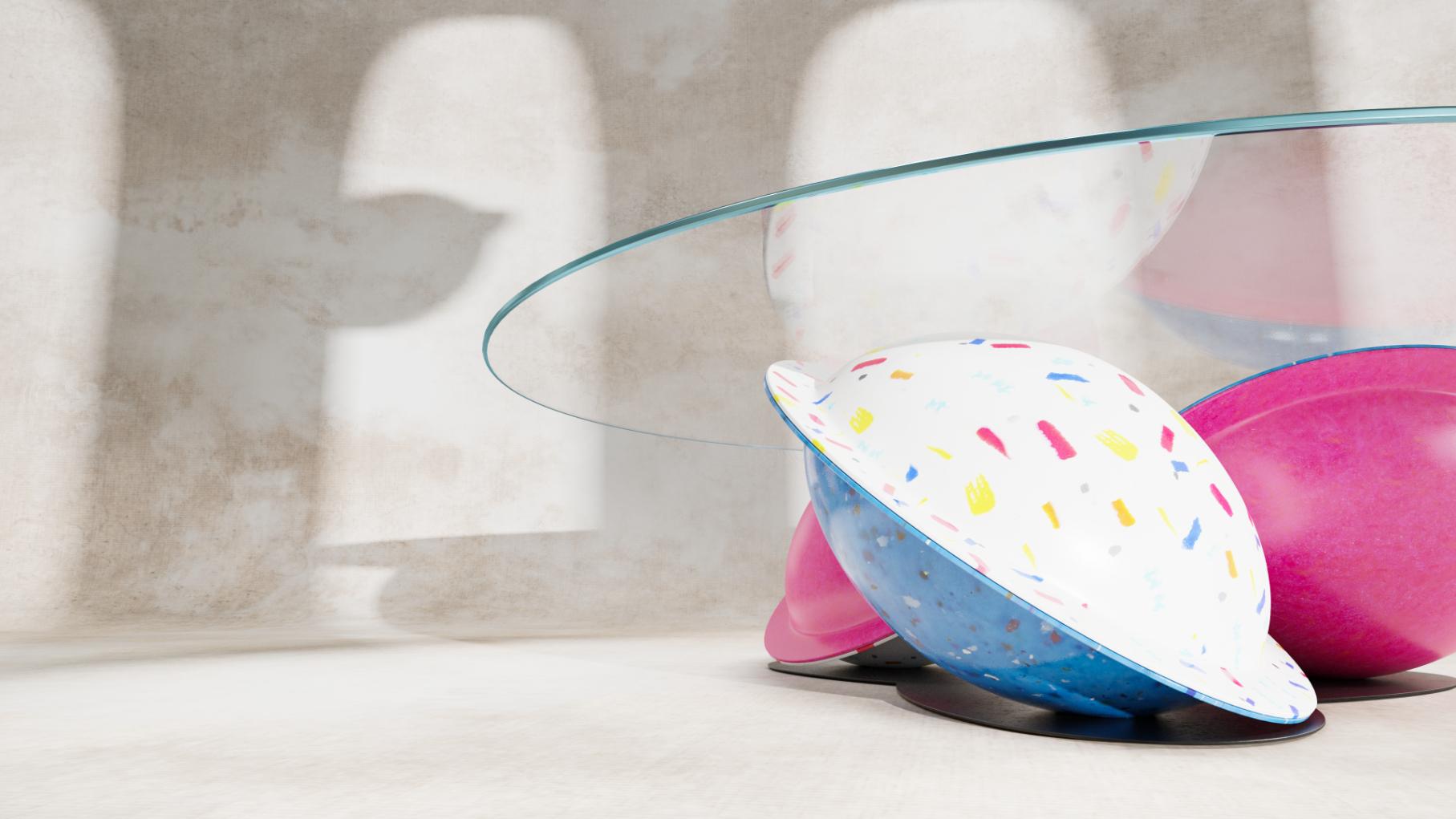 Hand-Crafted Retro Inspired, Maximalist 'Flying Saucer' Coffee Table in Recycled Plastics For Sale