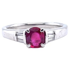 Retro Inspired 0.58ct Oval Ruby Baguette Cut Diamond Platinum Engagement Ring