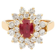 Retro Inspired Real Ruby Cocktail Ring with Layered Diamond Halo in Yellow Gold