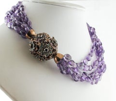 Retro Intertwined Amethysts Necklace, with Emeralds, Rubies and Sapphires Clasp