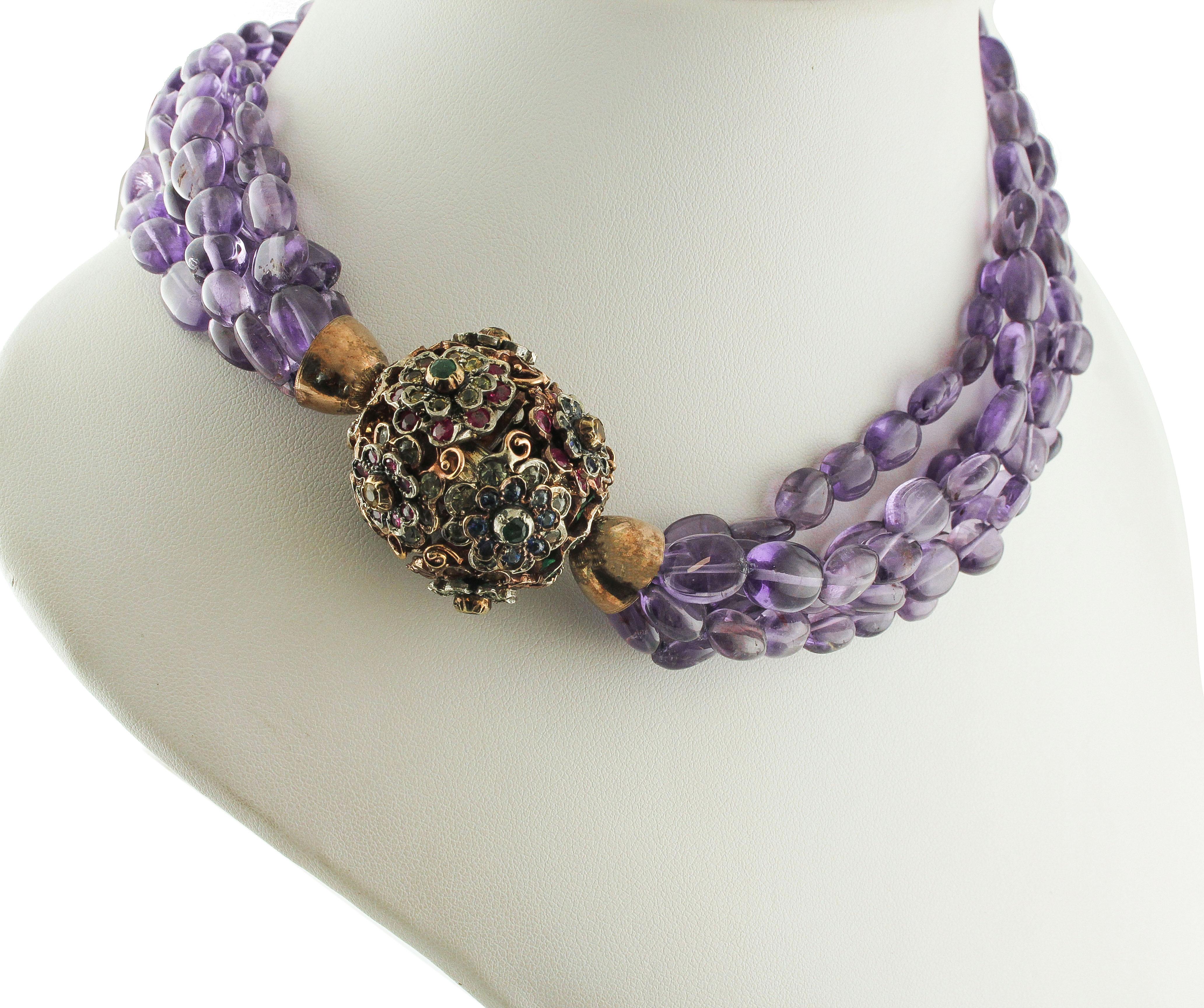 Women's Retro Intertwined Amethysts Necklace, with Emeralds, Rubies and Sapphires Clasp For Sale