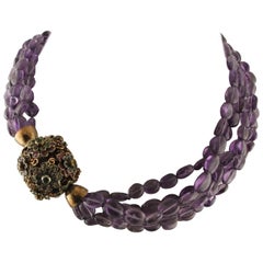Collar Retro de Amatistas entrelazadas, con cierre de Esmeraldas, Rubíes y Zafiros