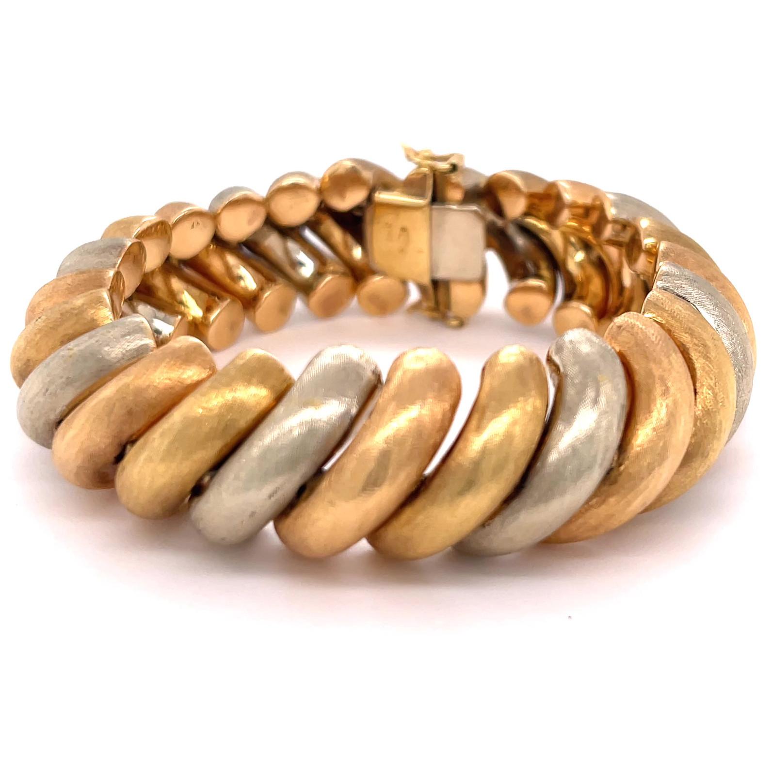 Women's or Men's Retro Italian 18 Karat Gold Tricolor Bracelet