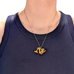 Retro Italian 18K Yellow Gold & Coral Cabochon Figural Dolphin Charm or Pendant