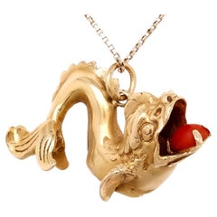 Retro Italian 18K Yellow Gold & Coral Cabochon Figural Dolphin Charm or Pendant