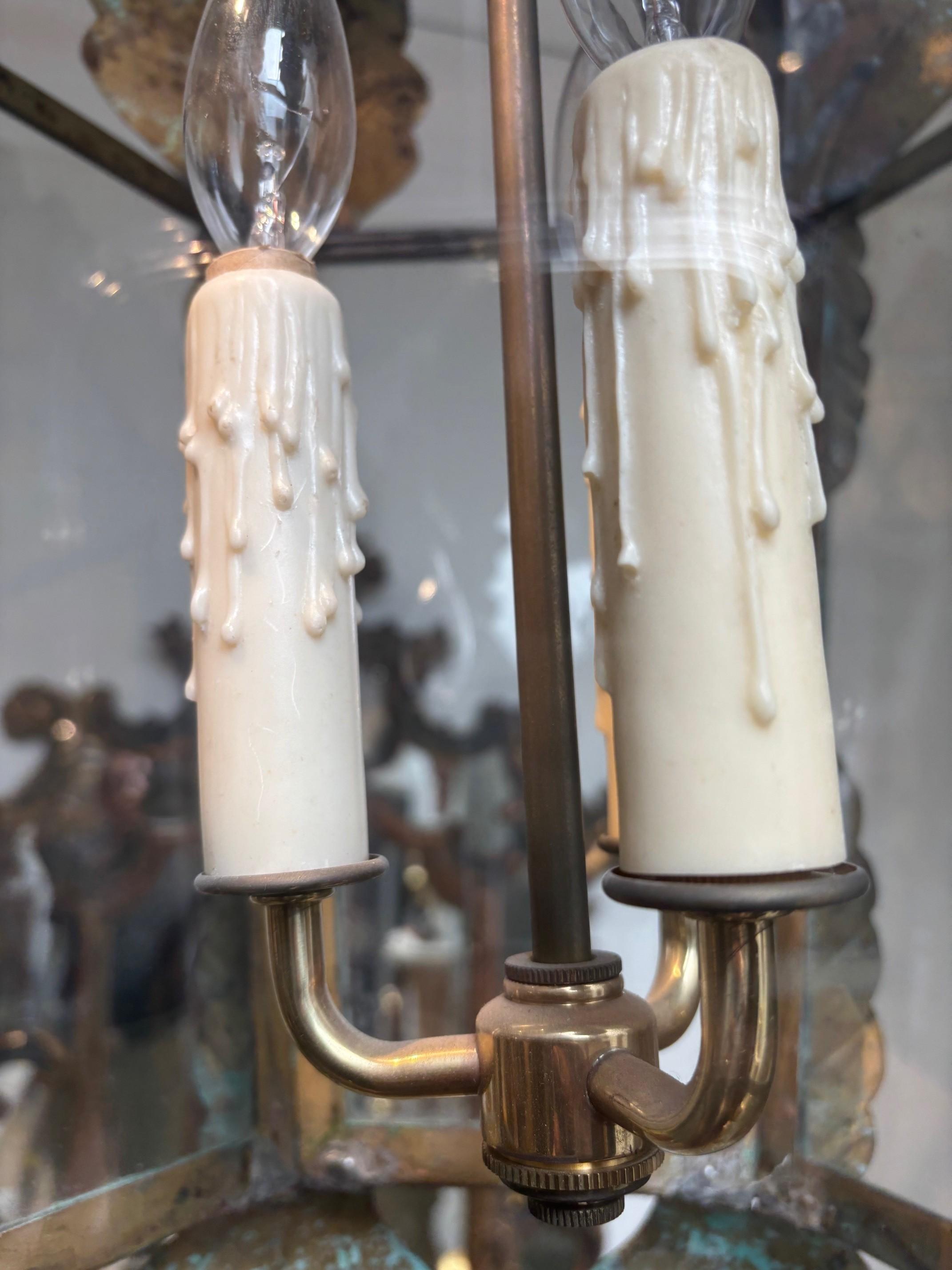 Retro Italian Handcrafted Solid Brass and Glass Six Sided Hanging Tole Lantern For Sale 3