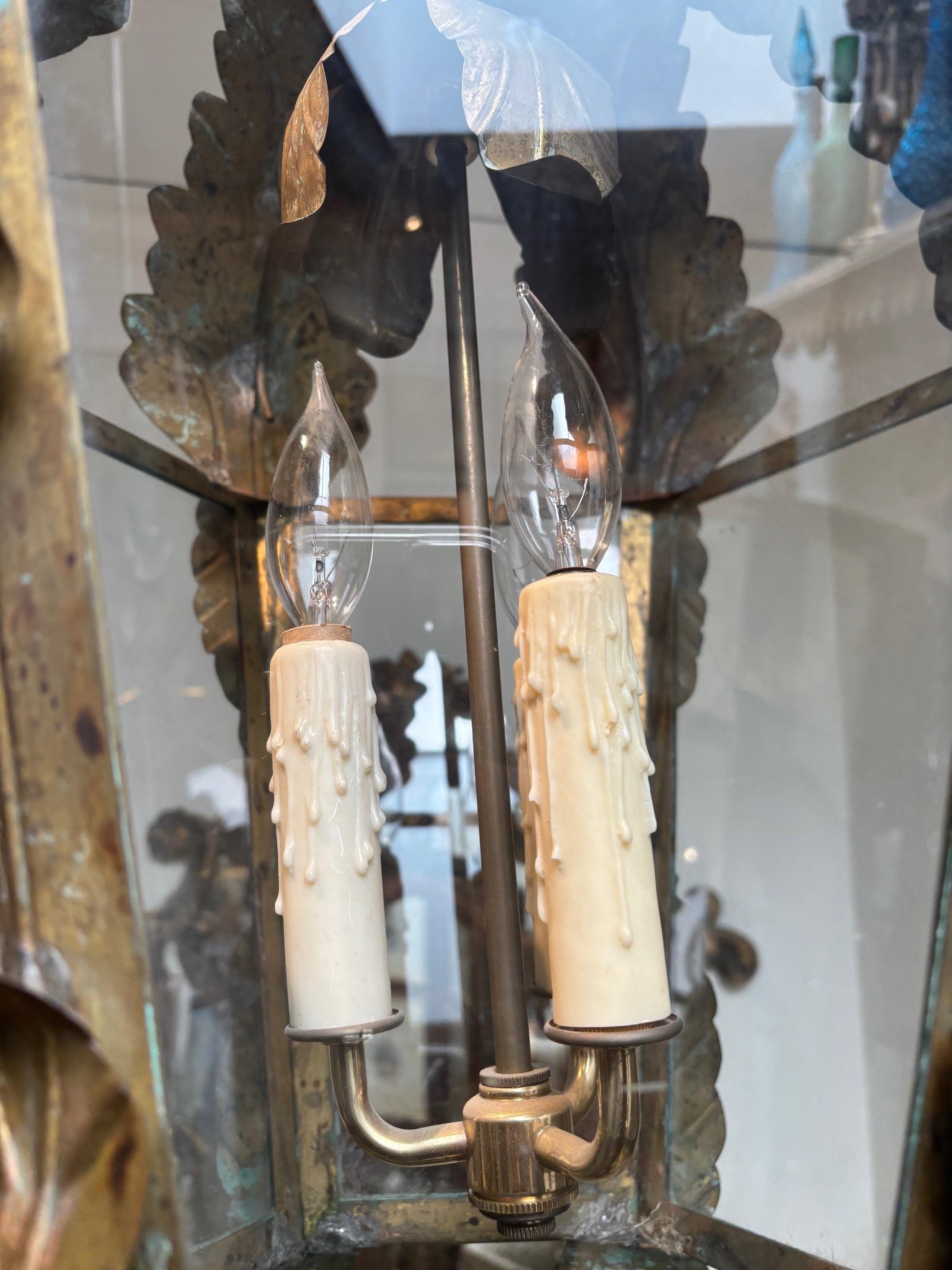 Hand-Crafted Retro Italian Handcrafted Solid Brass and Glass Six Sided Hanging Tole Lantern For Sale