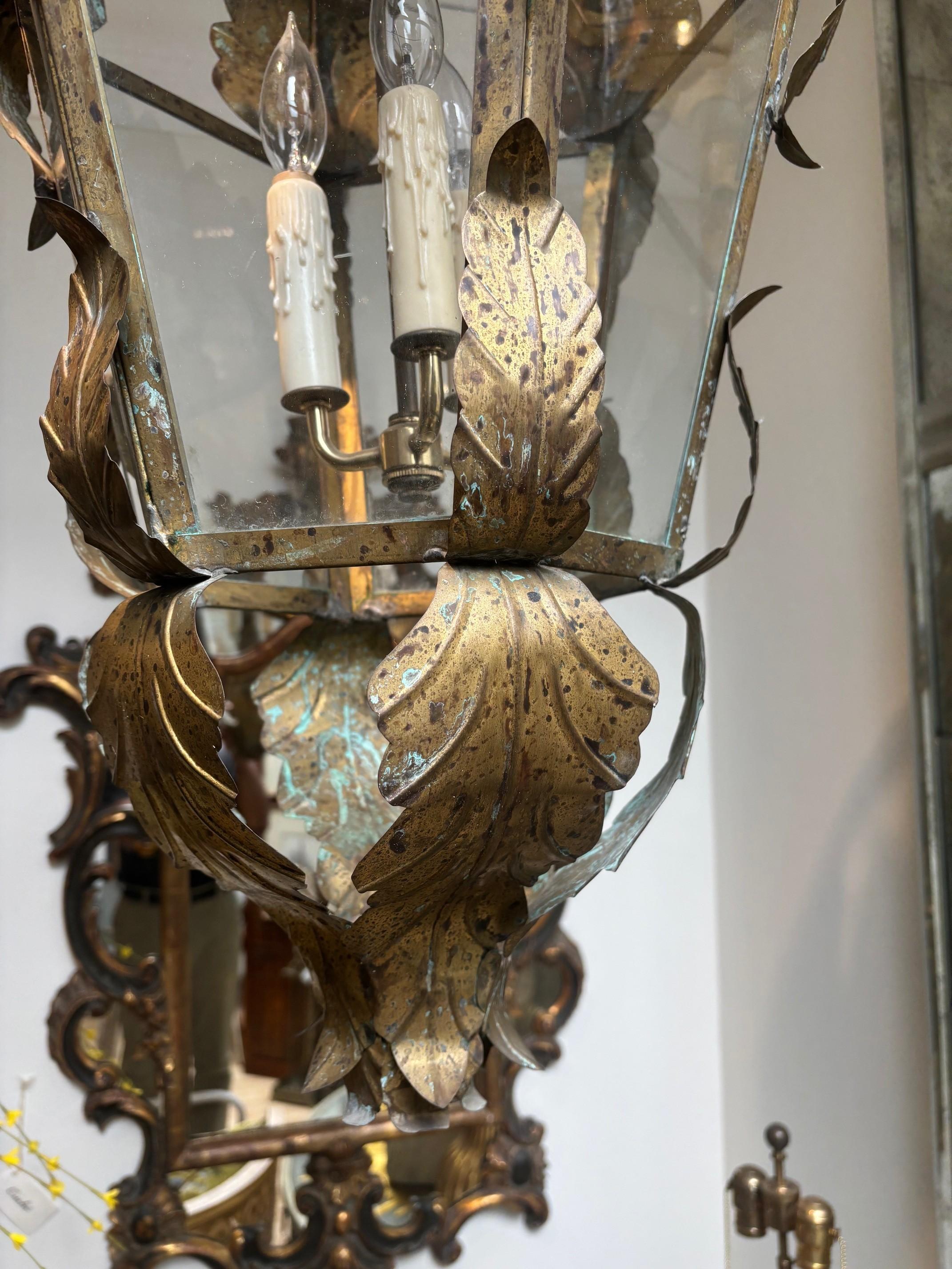 Contemporary Retro Italian Handcrafted Solid Brass and Glass Six Sided Hanging Tole Lantern For Sale