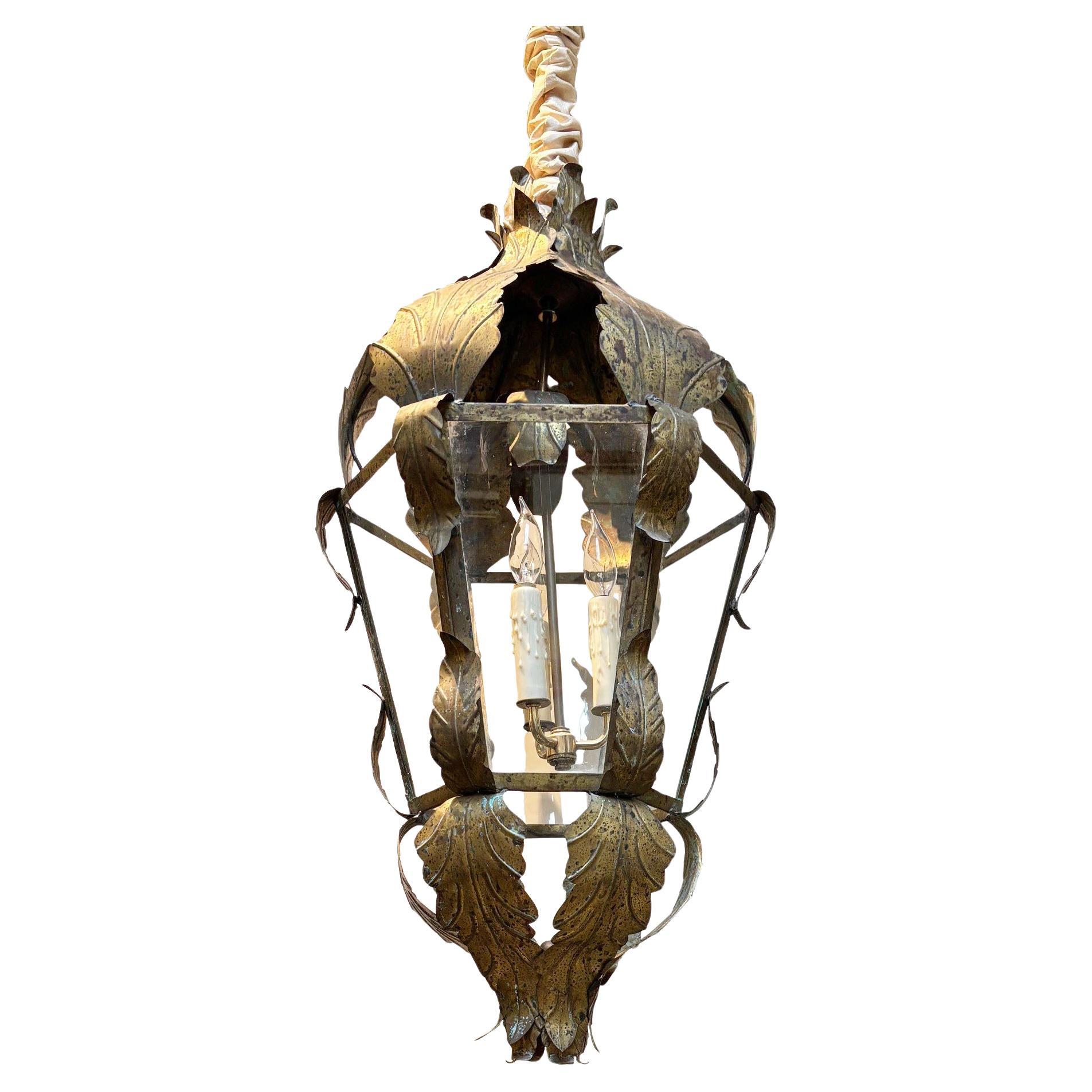 Retro Italian Handcrafted Solid Brass and Glass Six Sided Hanging Tole Lantern For Sale