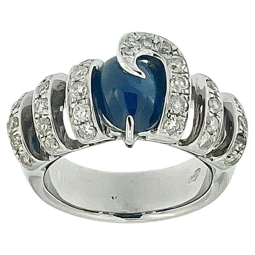 Retro Italian White Gold Ring with Diamonds and Sapphire