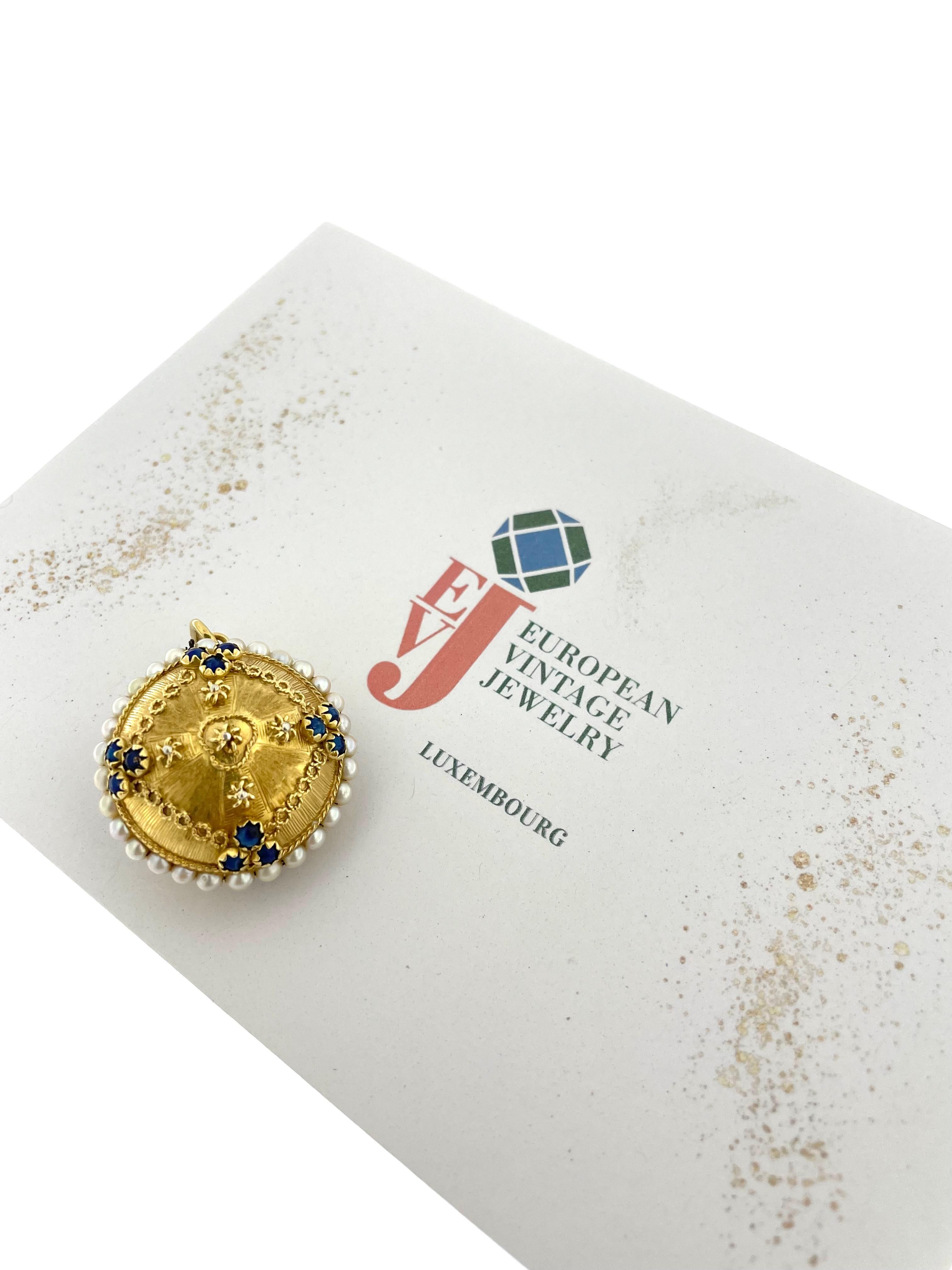 Retro Italian Yellow Gold Pendant with Pearls and Lapis Lazuli For Sale 5