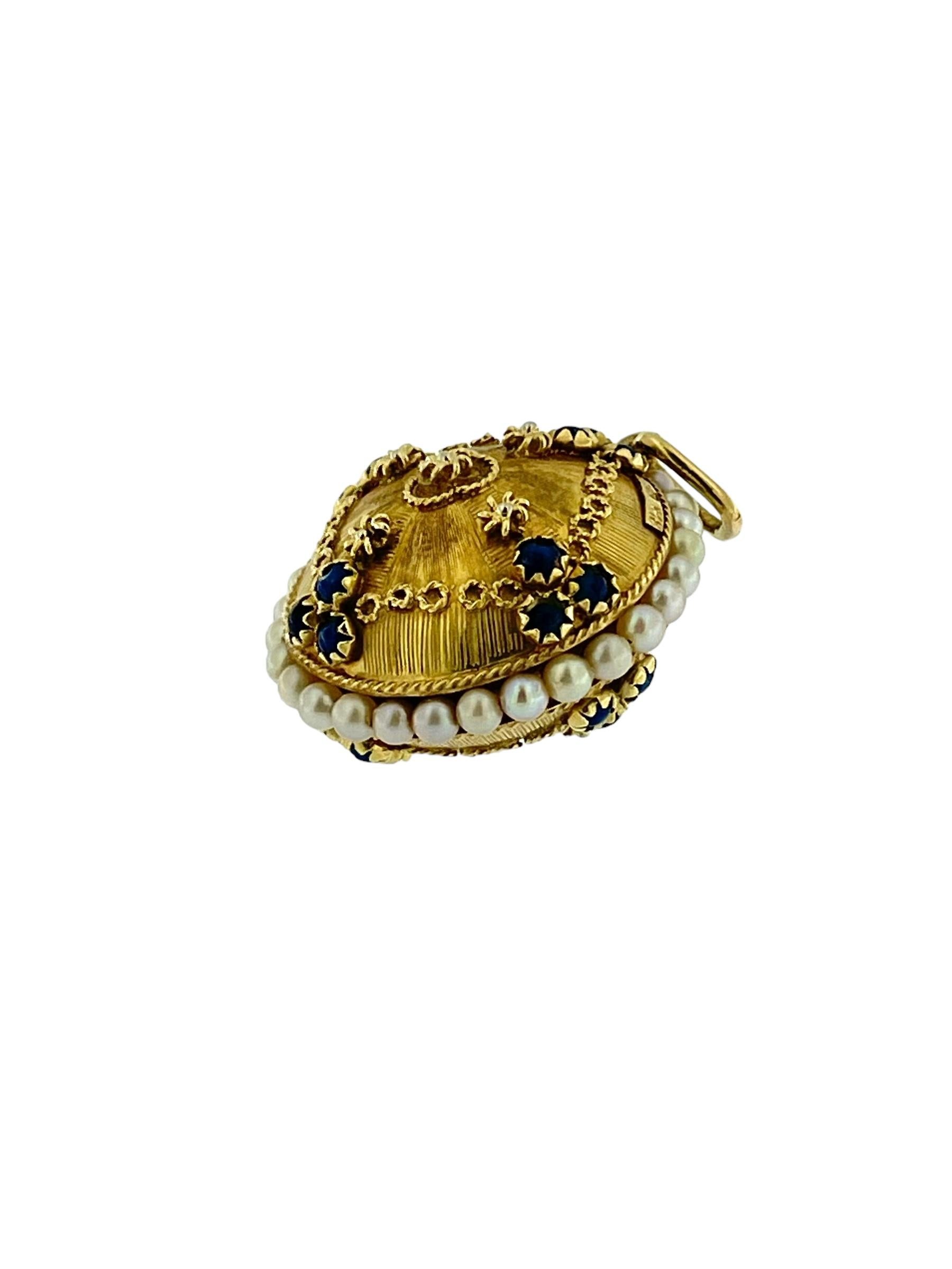 Women's or Men's Retro Italian Yellow Gold Pendant with Pearls and Lapis Lazuli For Sale