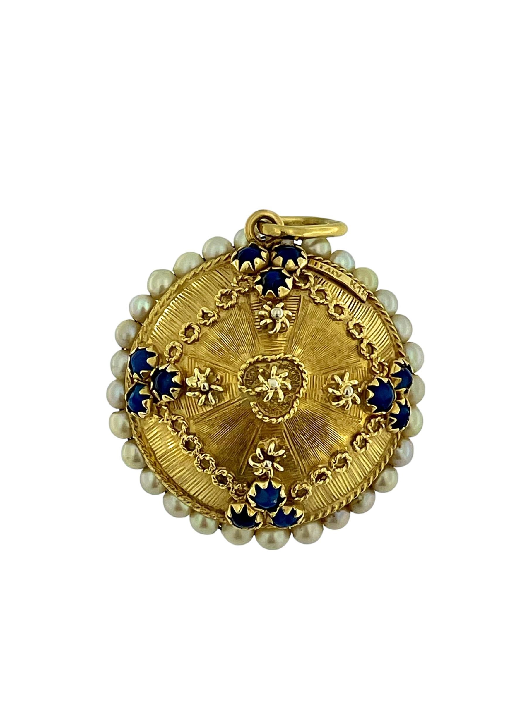 Retro Italian Yellow Gold Pendant with Pearls and Lapis Lazuli For Sale 1