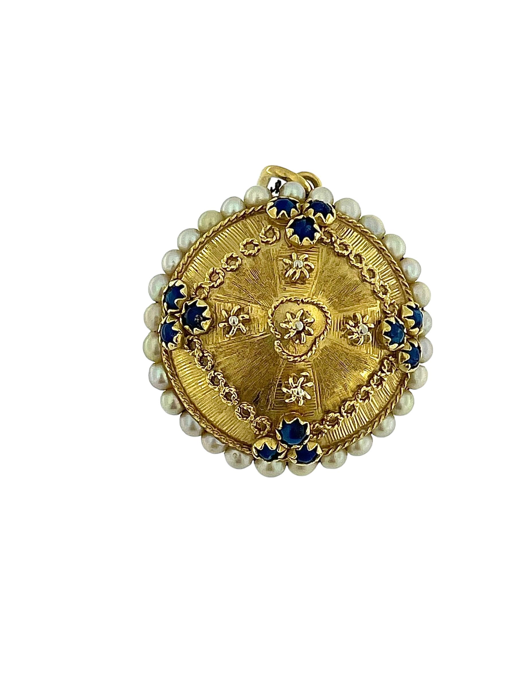 Retro Italian Yellow Gold Pendant with Pearls and Lapis Lazuli For Sale 2