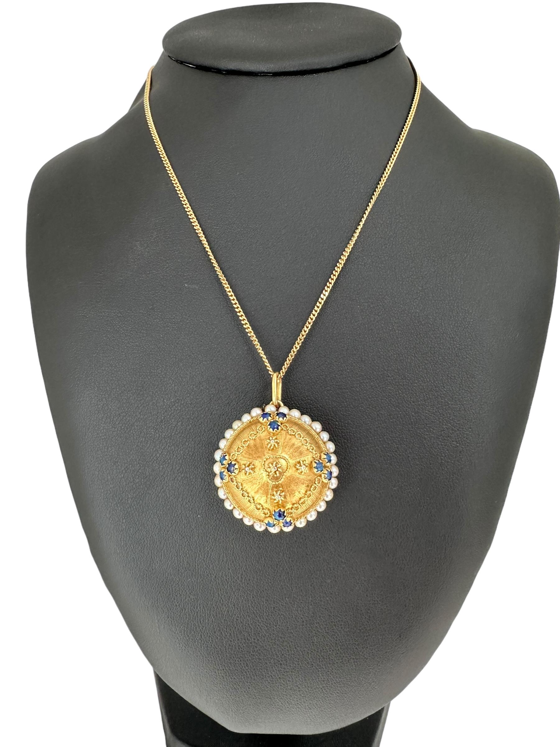 Retro Italian Yellow Gold Pendant with Pearls and Lapis Lazuli For Sale 4