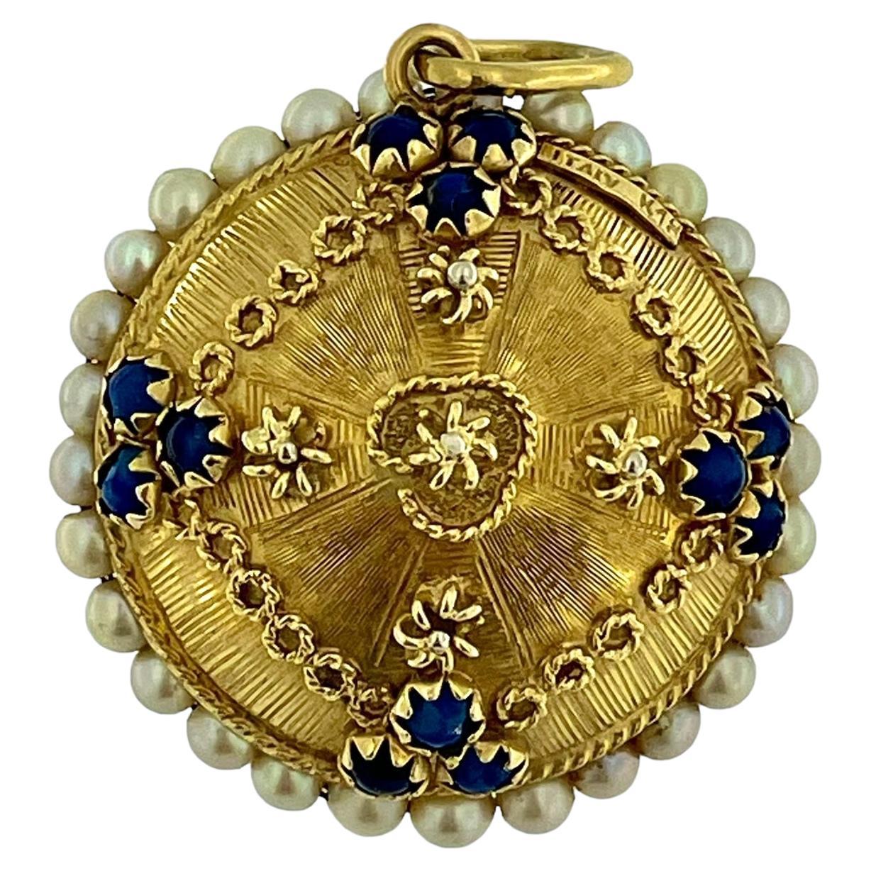 Retro Italian Yellow Gold Pendant with Pearls and Lapis Lazuli