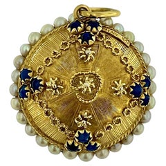 Retro Italian Yellow Gold Pendant with Pearls and Lapis Lazuli