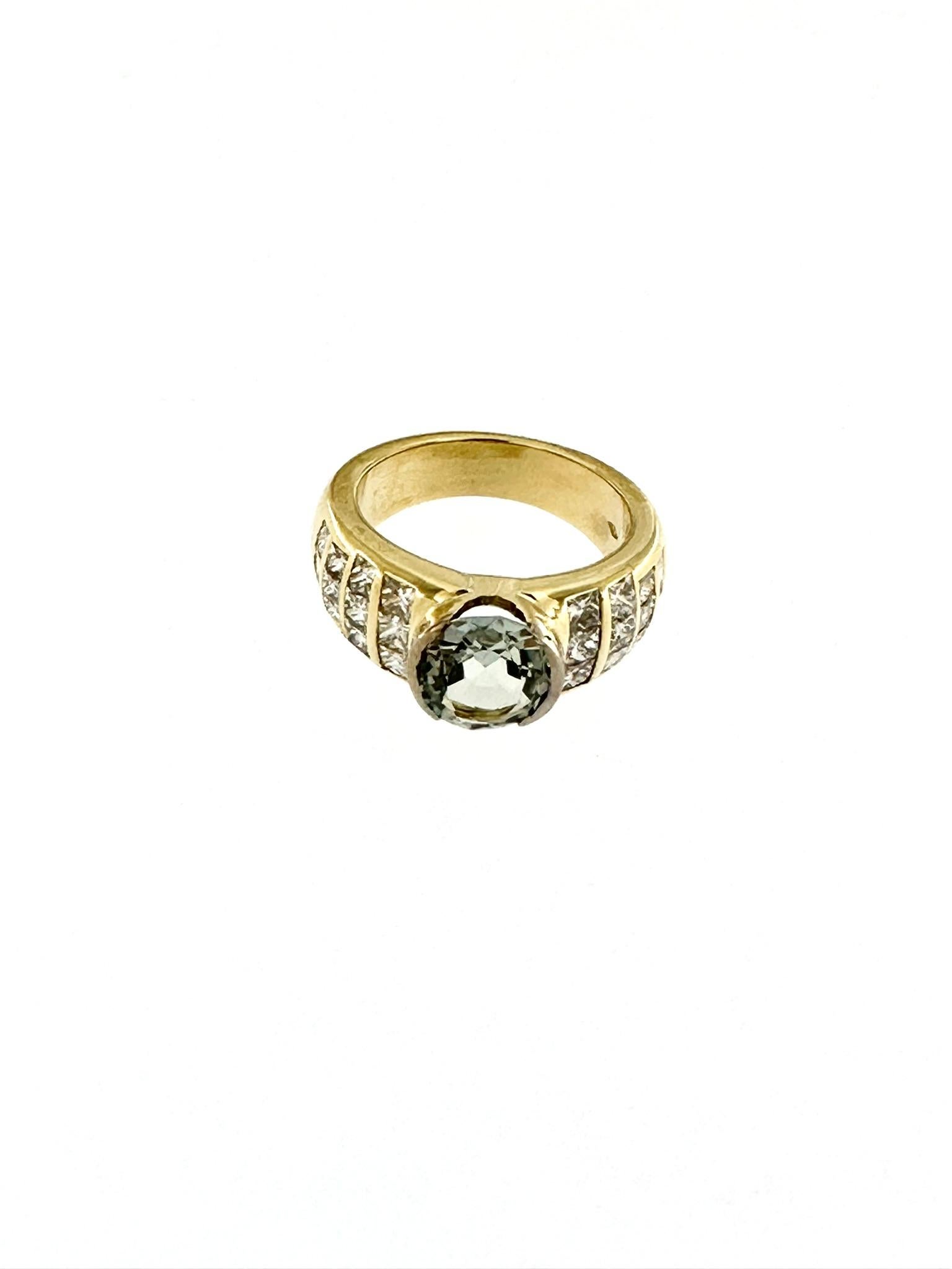 The Retro Italian Yellow Gold Ring with Peridot and Diamonds is a stunning testament to vintage elegance and Italian craftsmanship. Crafted from luxurious 18kt yellow gold, this ring features a central 3.00ct peridot, cut in a brilliant style to