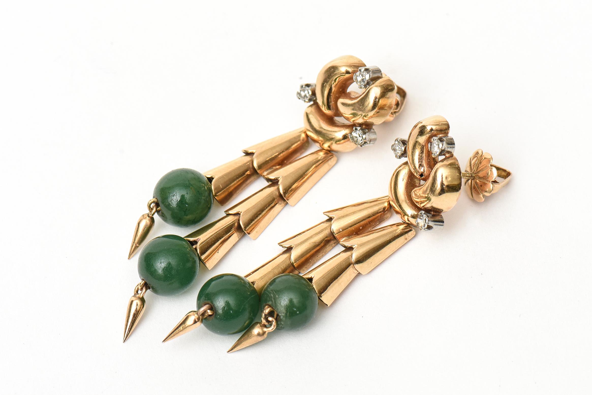 Rose Cut Jade, 14 Karat Rose Gold and Diamond Retro Pierced Dangle Earrings For Sale