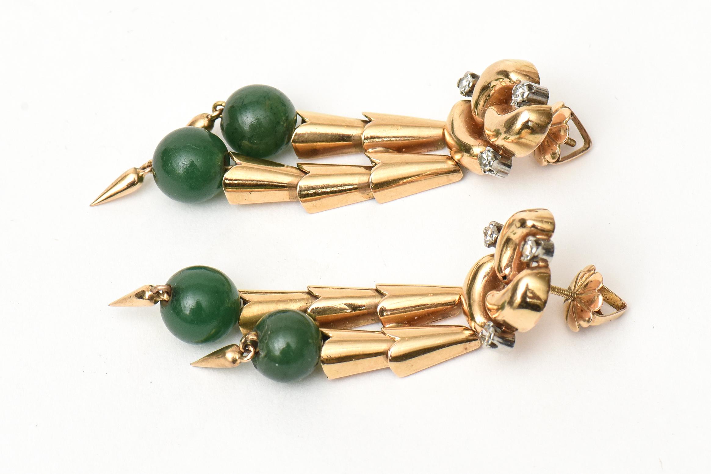 Jade, 14 Karat Rose Gold and Diamond Retro Pierced Dangle Earrings In Good Condition For Sale In North Miami, FL