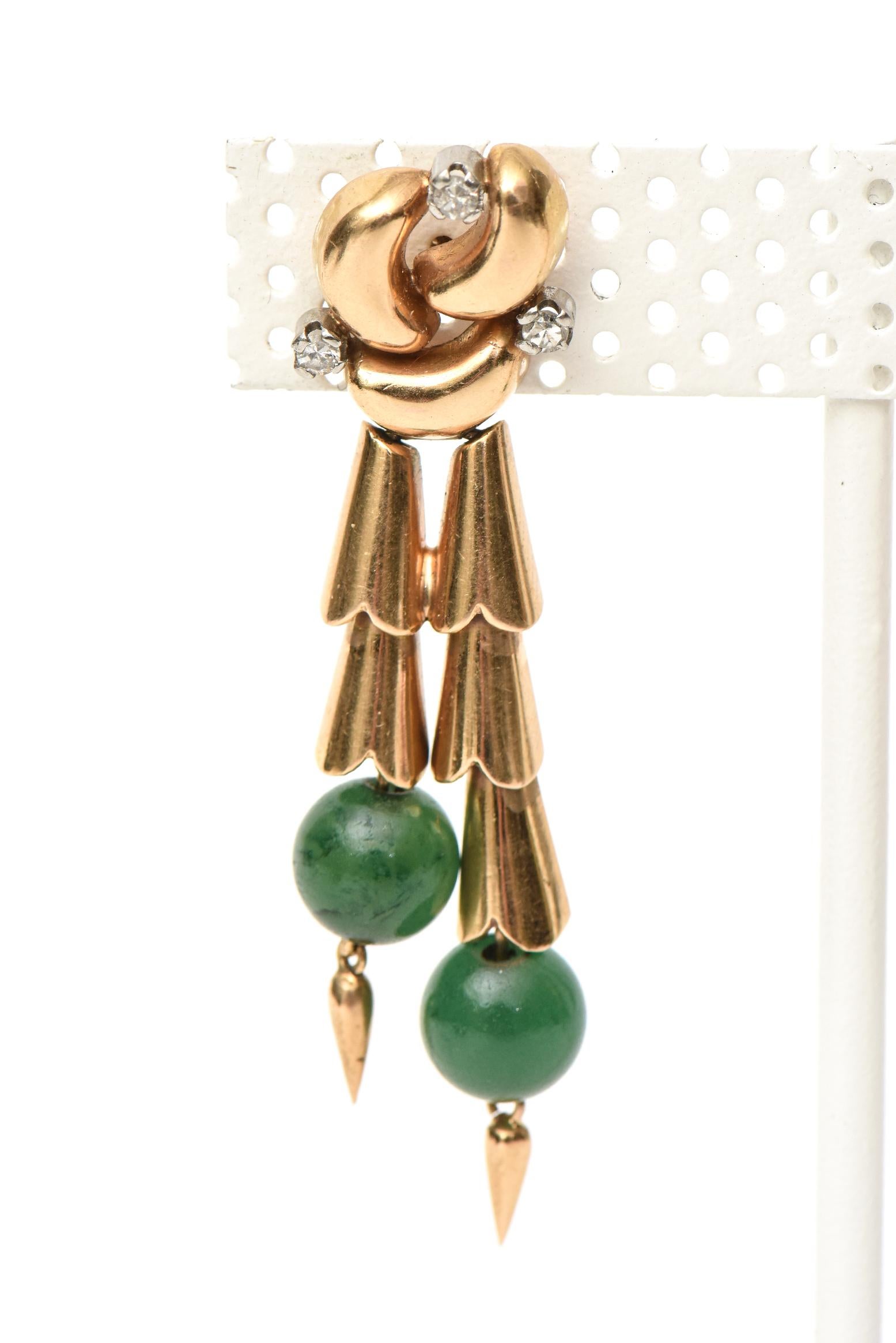 Women's Jade, 14 Karat Rose Gold and Diamond Retro Pierced Dangle Earrings For Sale