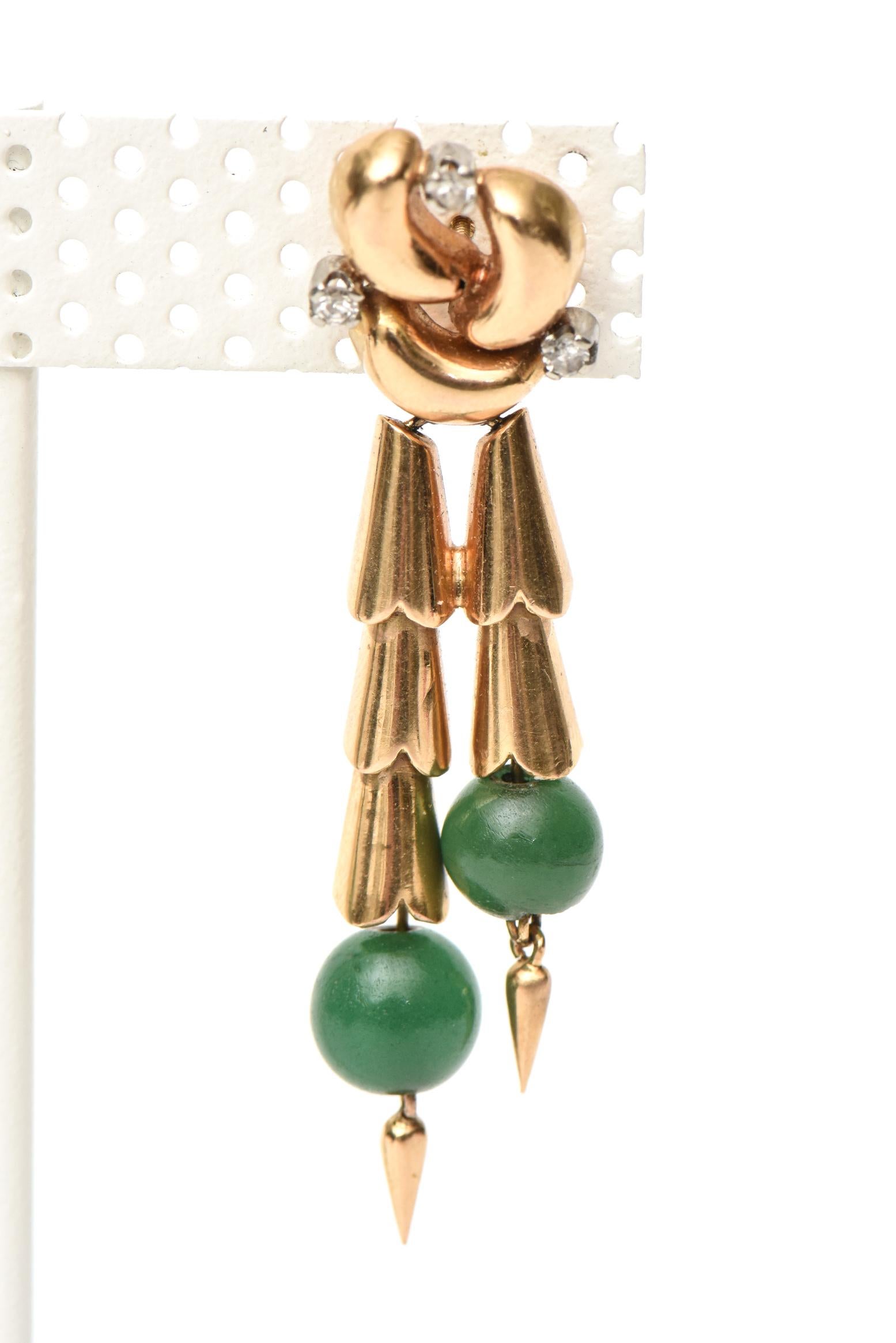 Jade, 14 Karat Rose Gold and Diamond Retro Pierced Dangle Earrings For Sale 1