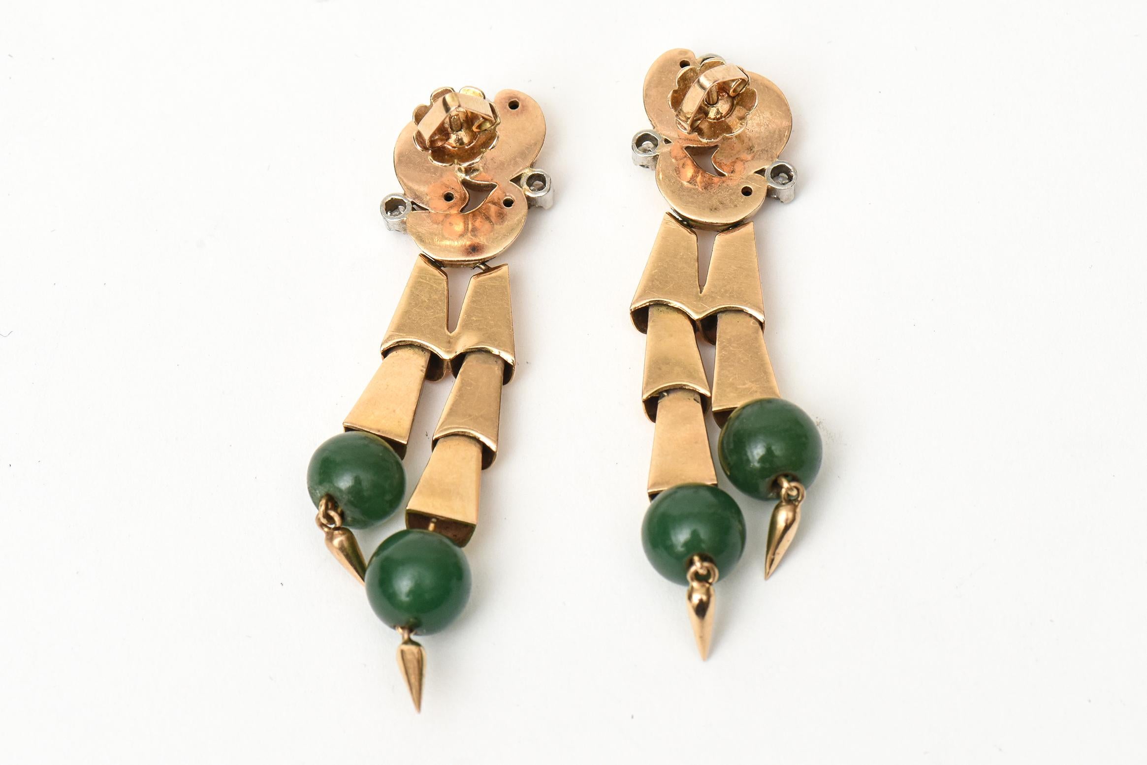 Jade, 14 Karat Rose Gold and Diamond Retro Pierced Dangle Earrings For Sale 3