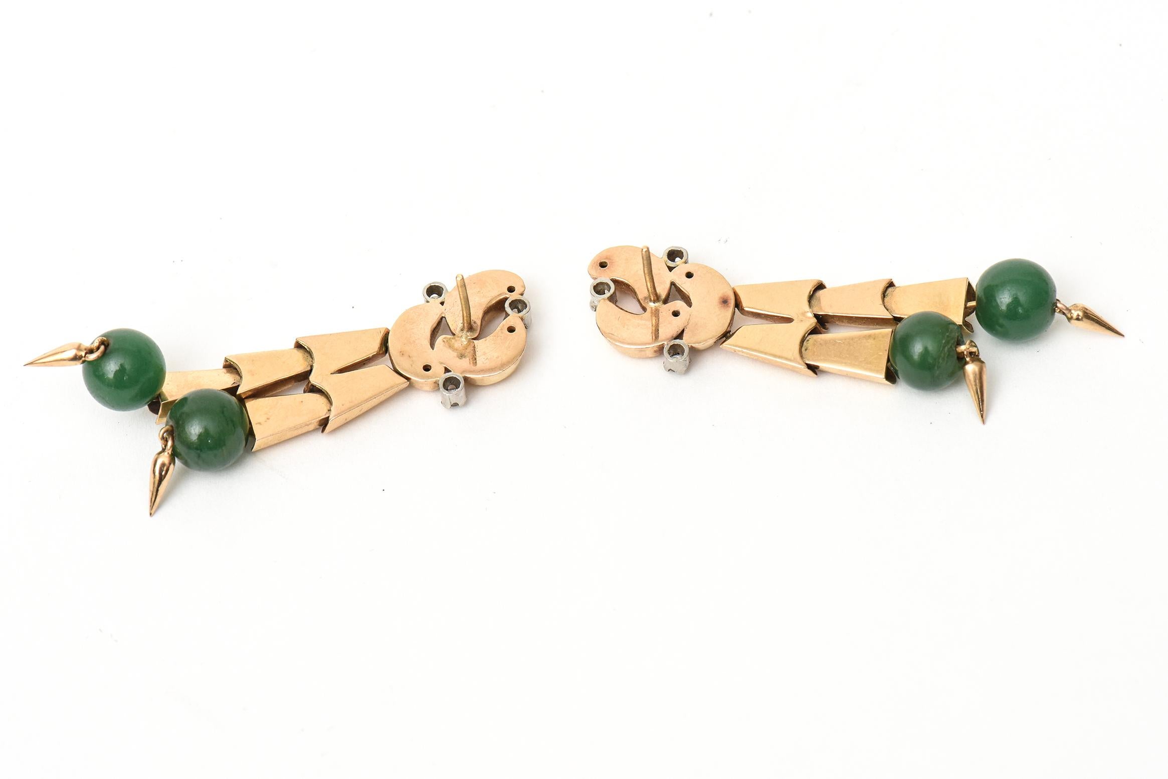 Jade, 14 Karat Rose Gold and Diamond Retro Pierced Dangle Earrings For Sale 4