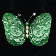 Retro Natural Untreated Jade and Diamond Butterfly Brooch, Circa 1960