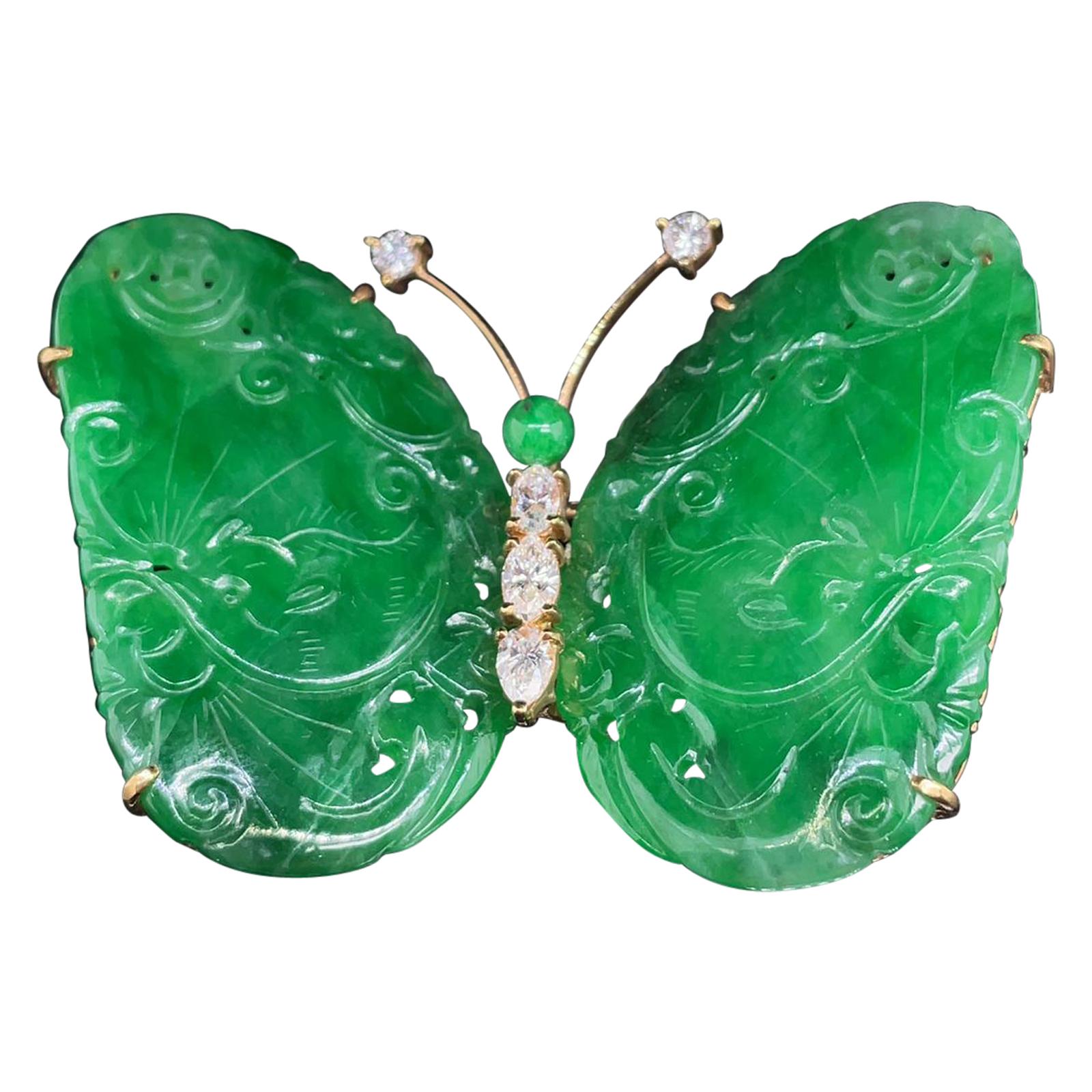 Retro Natural Untreated Jade and Diamond Butterfly Brooch, Circa 1960
