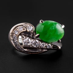 Jade Ring, Diamonds Retro Era Certified Untreated Size 4