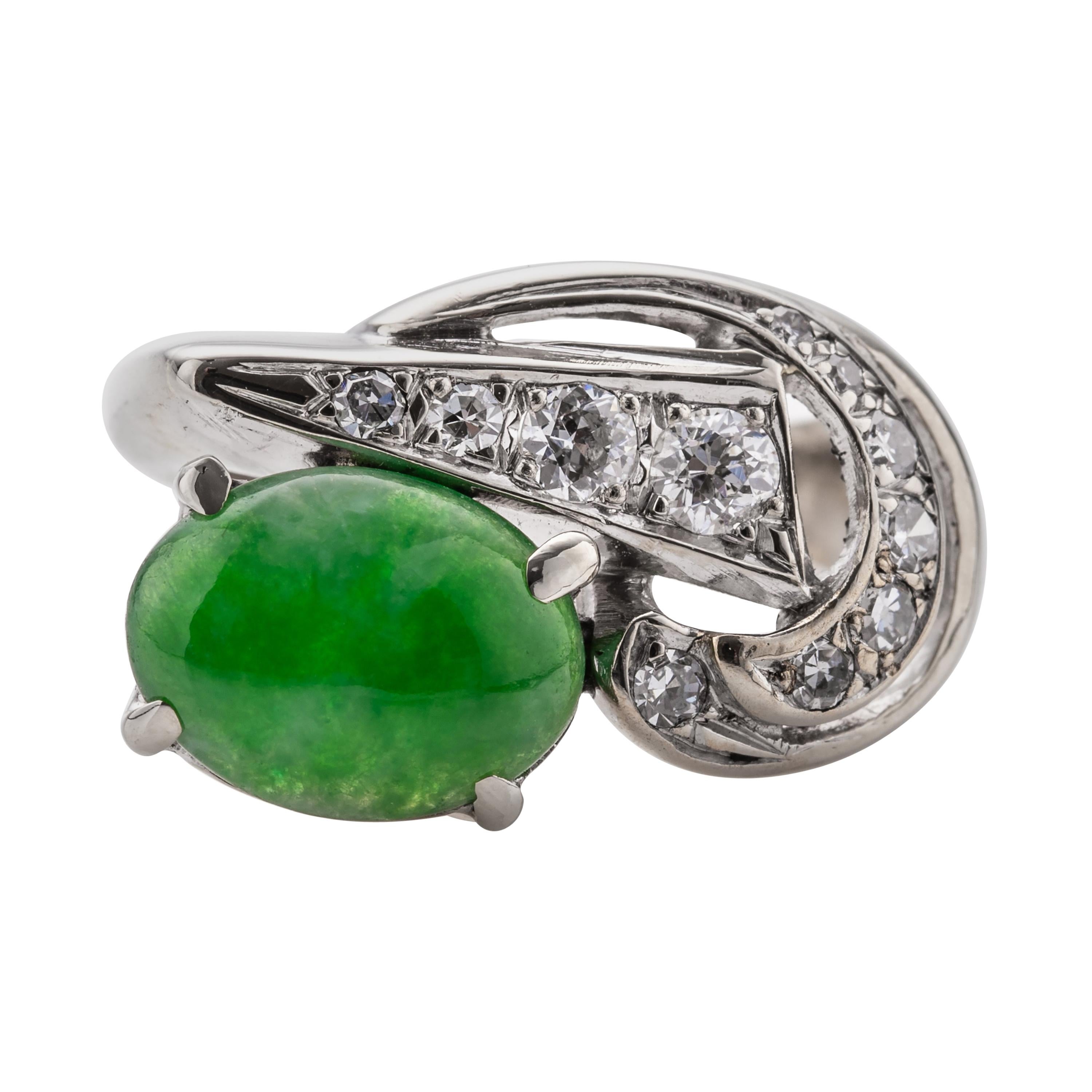 Jade Ring with Diamonds Retro Era Certified Untreated For Sale