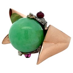 Retro Jade Diamond Ruby 14 Karat Rose Gold Cocktail Vintage Ring