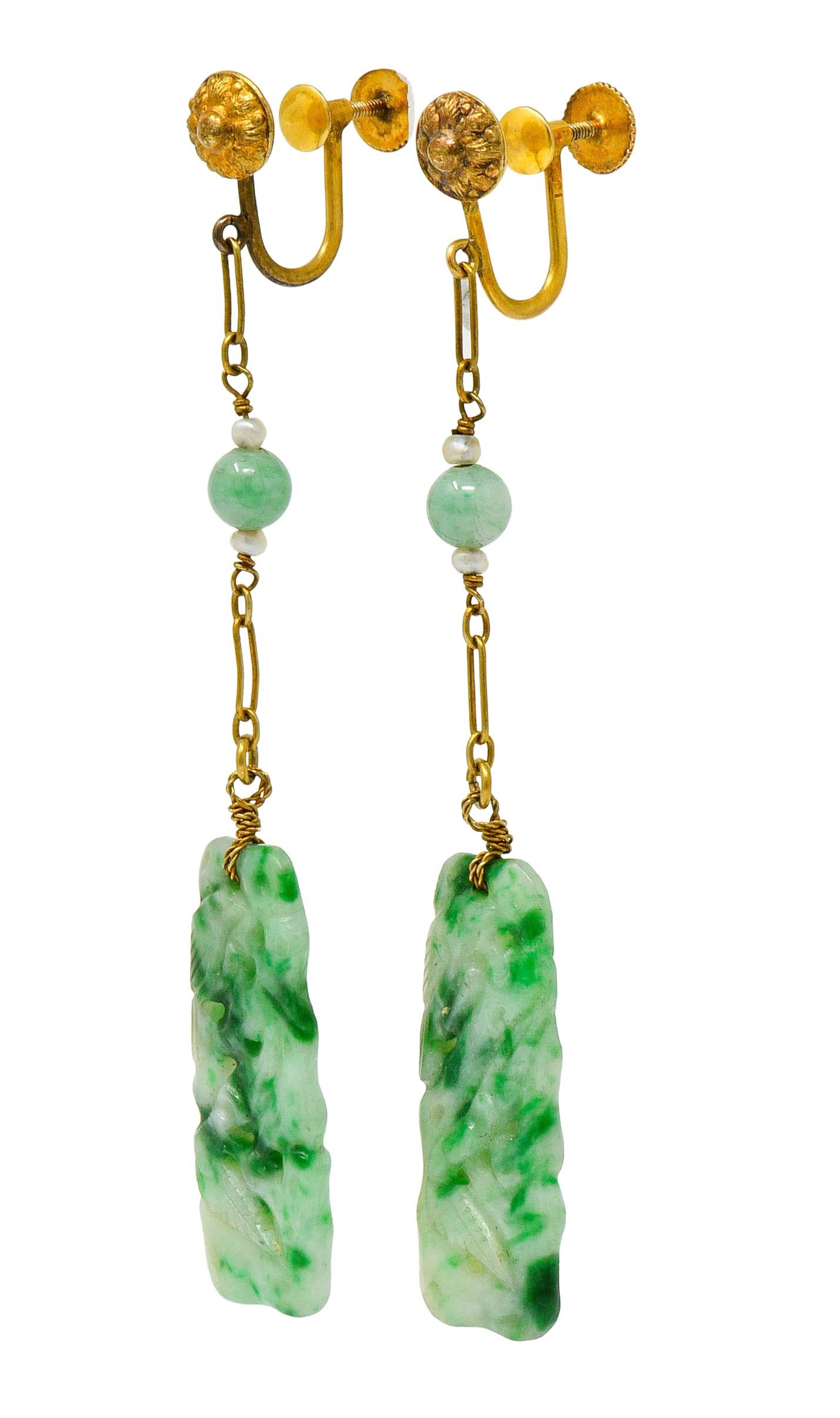 Retro Jade Natural Freshwater Pearl 14 Karat Gold Screwback Earrings 2