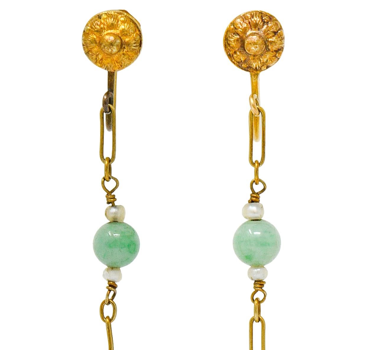 Women's or Men's Retro Jade Natural Freshwater Pearl 14 Karat Gold Screwback Earrings