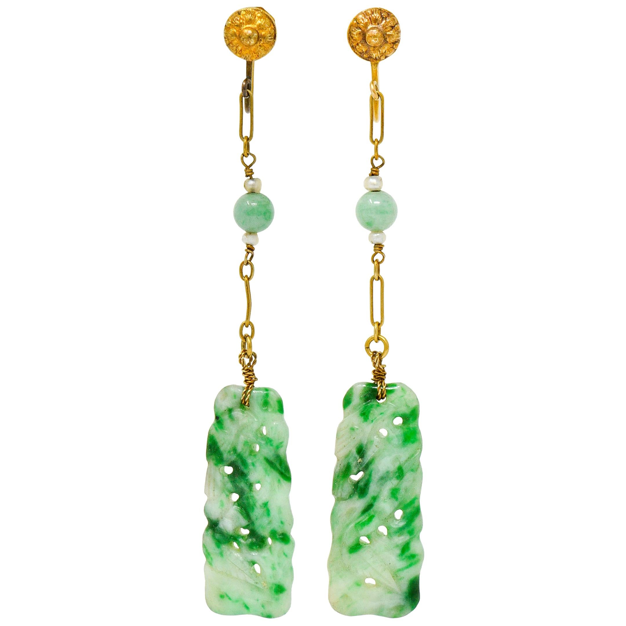 Retro Jade Natural Freshwater Pearl 14 Karat Gold Screwback Earrings