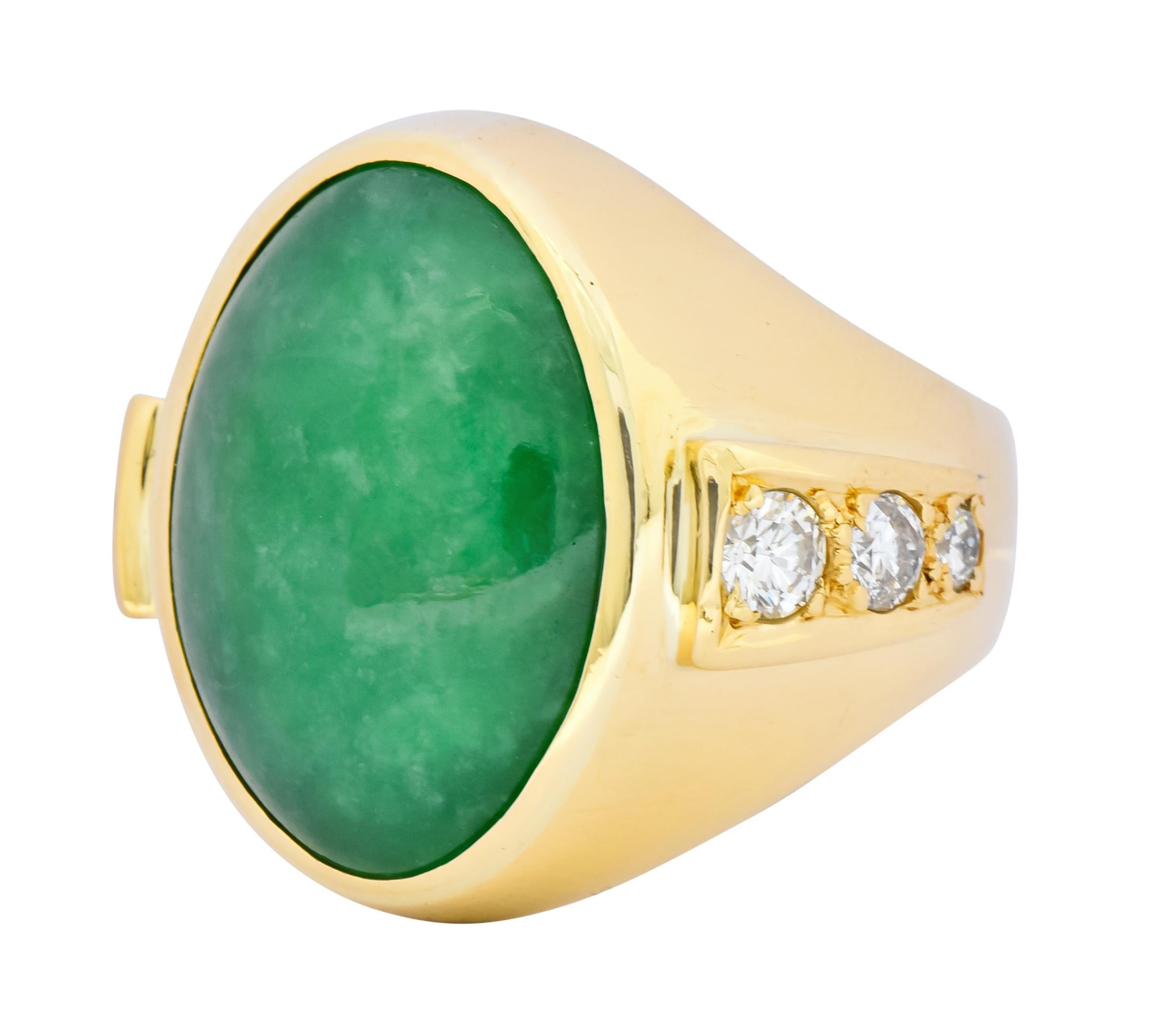 Retro Jadeite Jade Diamond 18 Karat Gold Men's Ring 2