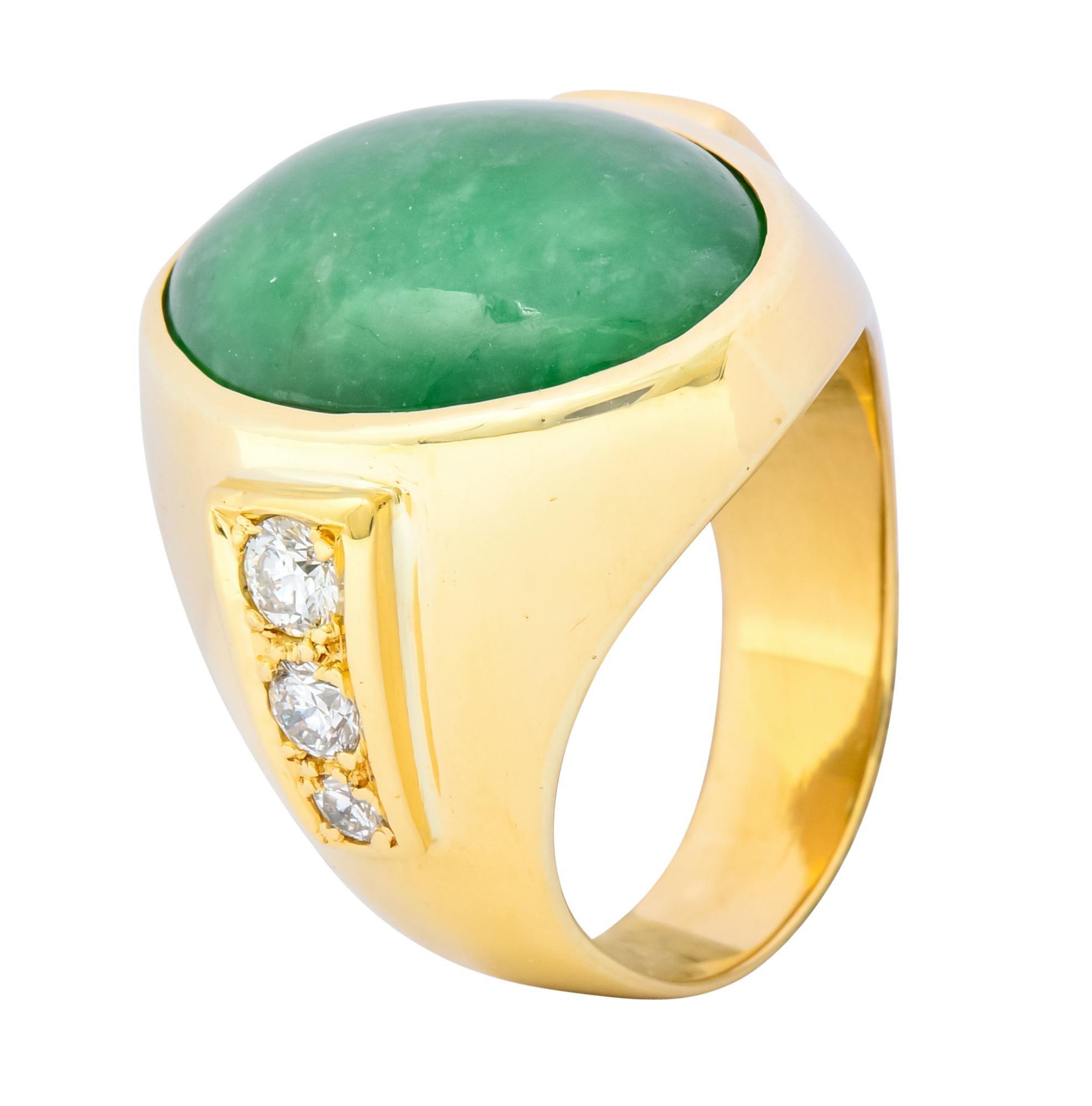 Retro Jadeite Jade Diamond 18 Karat Gold Men's Ring 5
